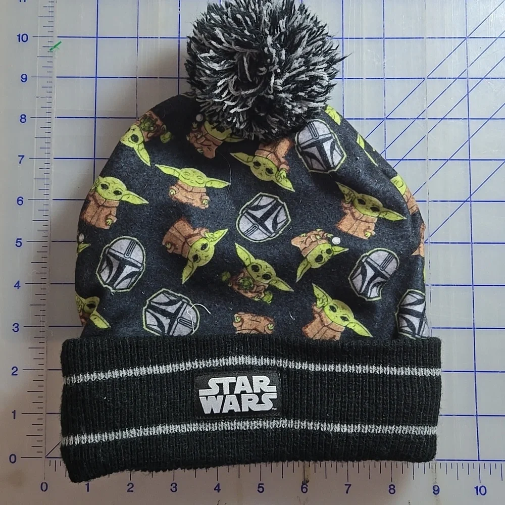 Star Wars Black Beanie with Green Characters and Gray Pom-Pom